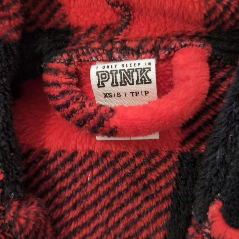 Victoria's Secret PINK Red Buffalo Plaid Sequin Dog Logo Hooded Fleece Robe - Picture 2 of 4